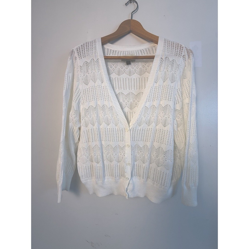 Sonoma White Open Knit Cardigan XL Cotton Button Front Coastal Boho